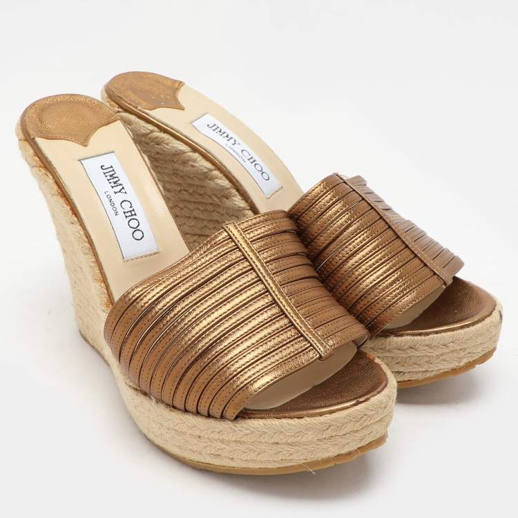Pre Owned Jimmy Choo Gold Leather Wedge Espadrille Silde Sandals Size 40.5