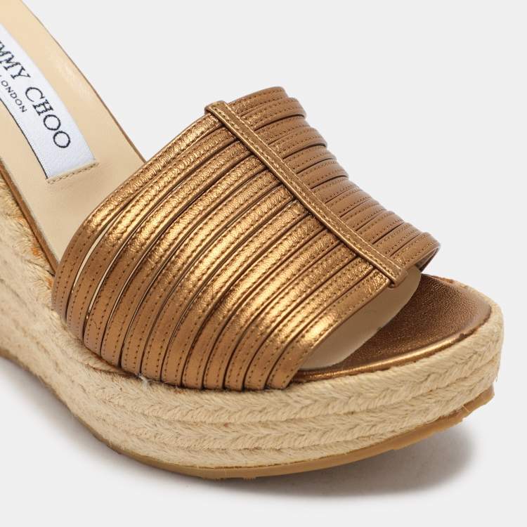 Pre Owned Jimmy Choo Gold Leather Wedge Espadrille Silde Sandals Size 40.5