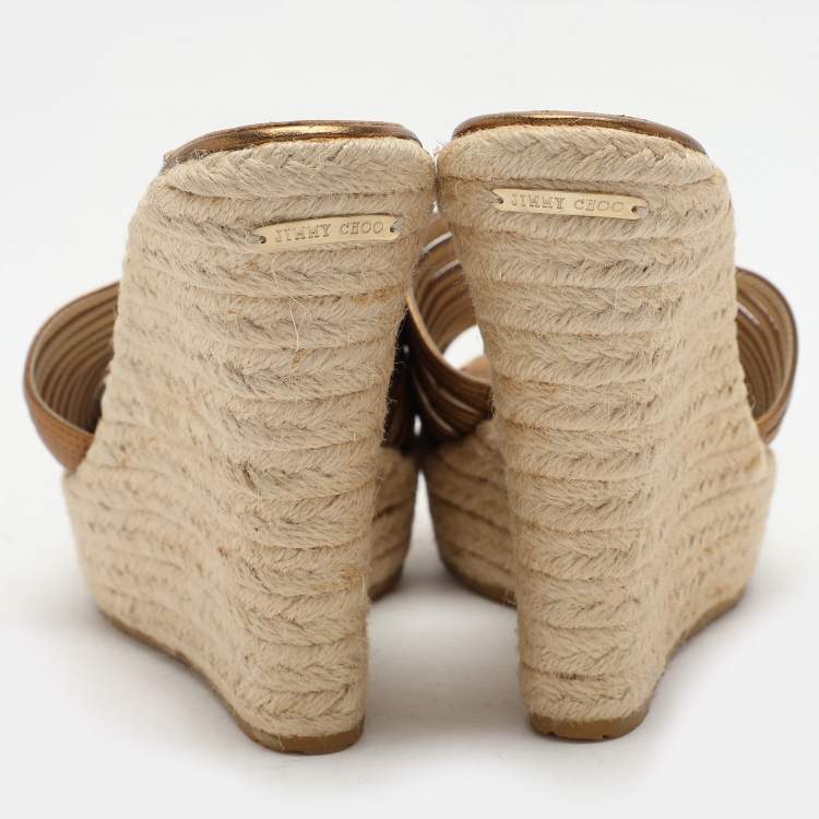 Pre Owned Jimmy Choo Gold Leather Wedge Espadrille Silde Sandals Size 40.5