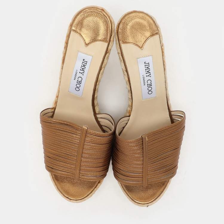 Pre Owned Jimmy Choo Gold Leather Wedge Espadrille Silde Sandals Size 40.5