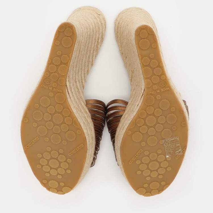 Pre Owned Jimmy Choo Gold Leather Wedge Espadrille Silde Sandals Size 40.5