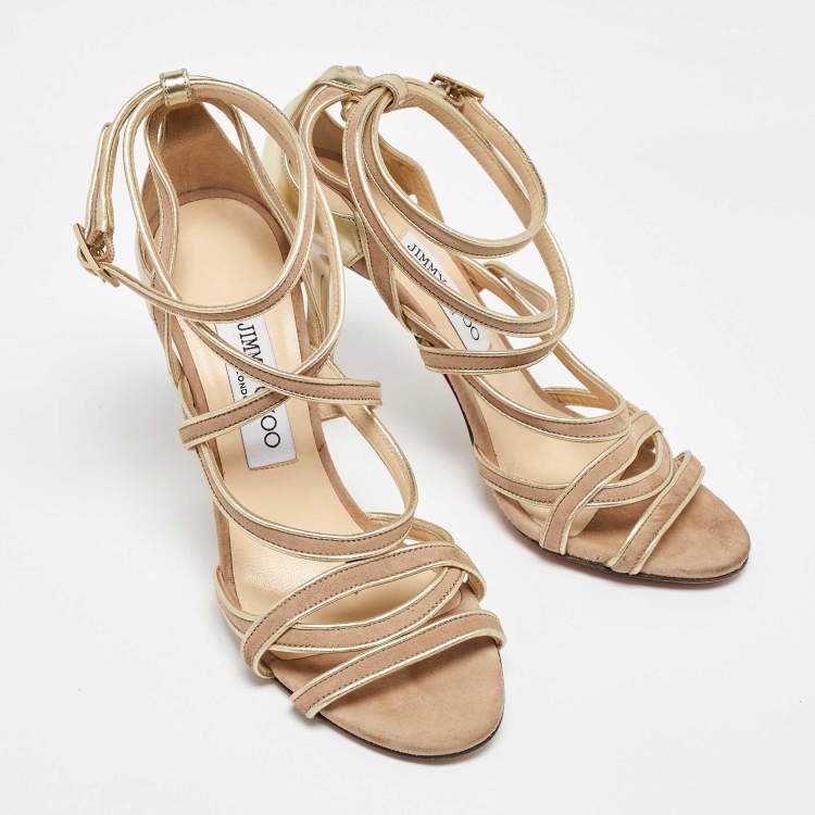 Pre Owned Jimmy Choo Gold/Beige Leather and Suede Ankle Strap Sandals Size 37.5