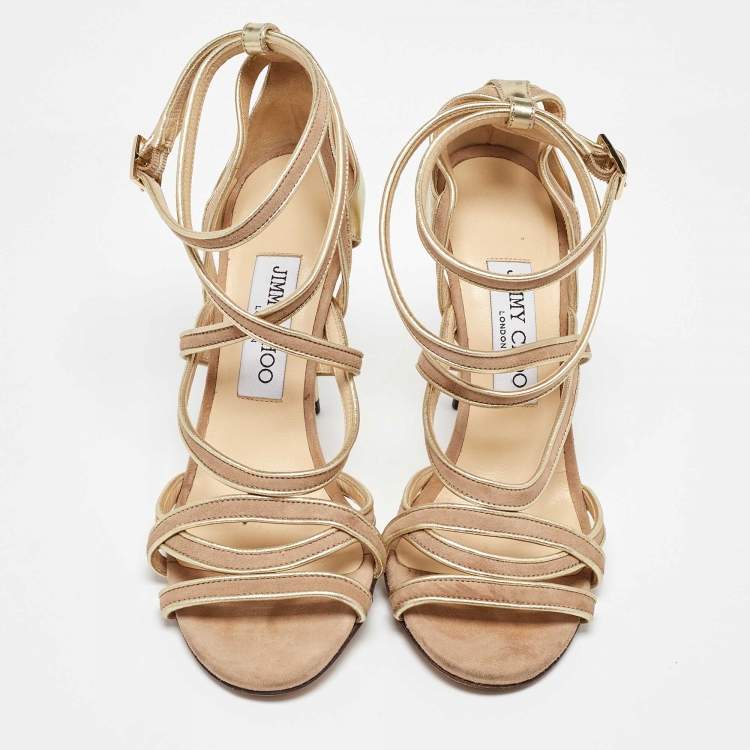 Pre Owned Jimmy Choo Gold/Beige Leather and Suede Ankle Strap Sandals Size 37.5