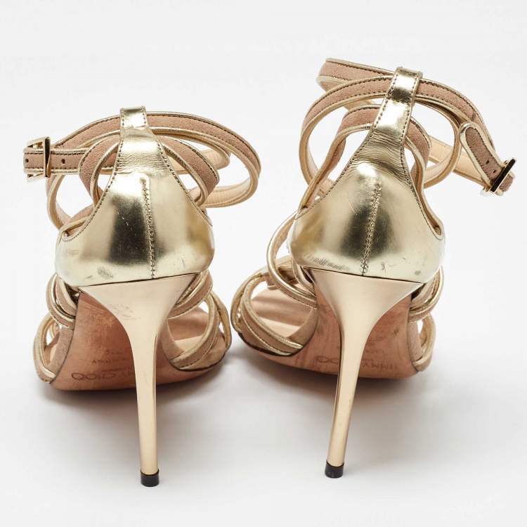 Pre Owned Jimmy Choo Gold/Beige Leather and Suede Ankle Strap Sandals Size 37.5