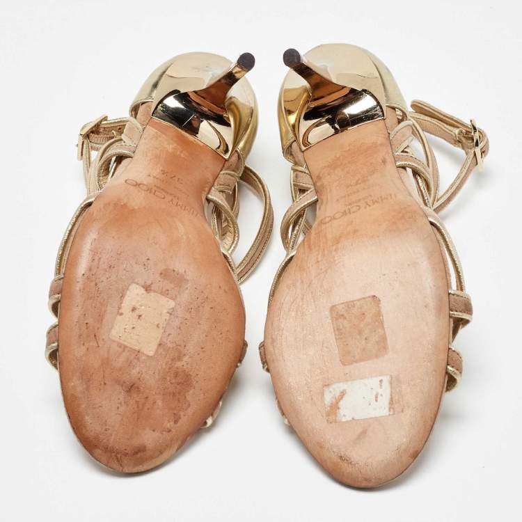 Pre Owned Jimmy Choo Gold/Beige Leather and Suede Ankle Strap Sandals Size 37.5