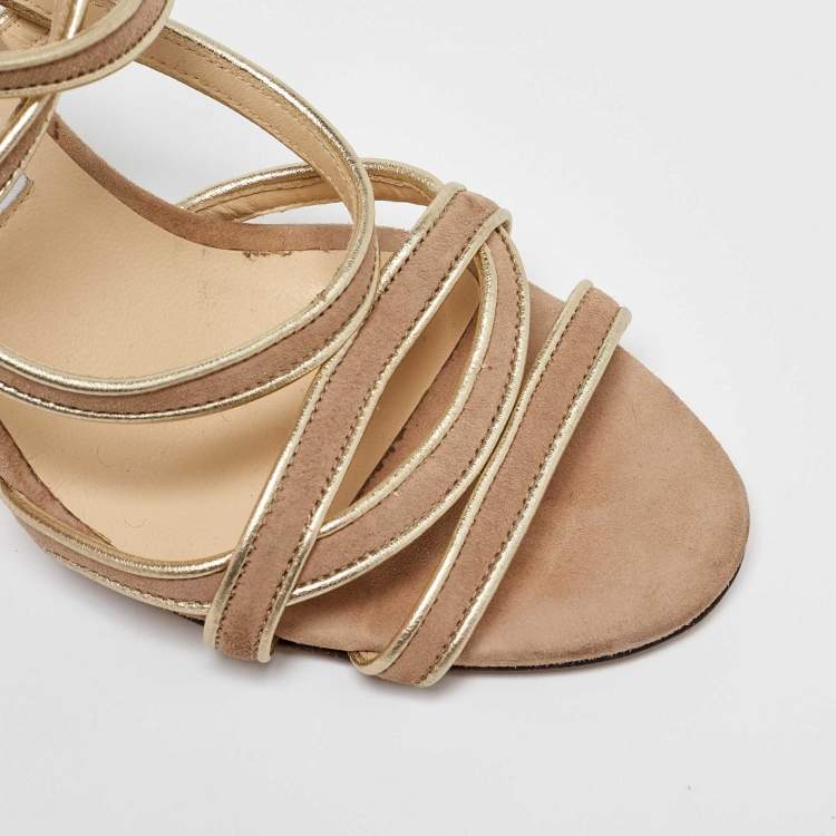 Pre Owned Jimmy Choo Gold/Beige Leather and Suede Ankle Strap Sandals Size 37.5