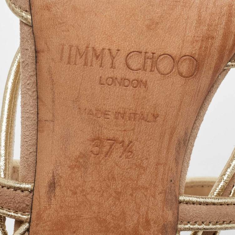 Pre Owned Jimmy Choo Gold/Beige Leather and Suede Ankle Strap Sandals Size 37.5
