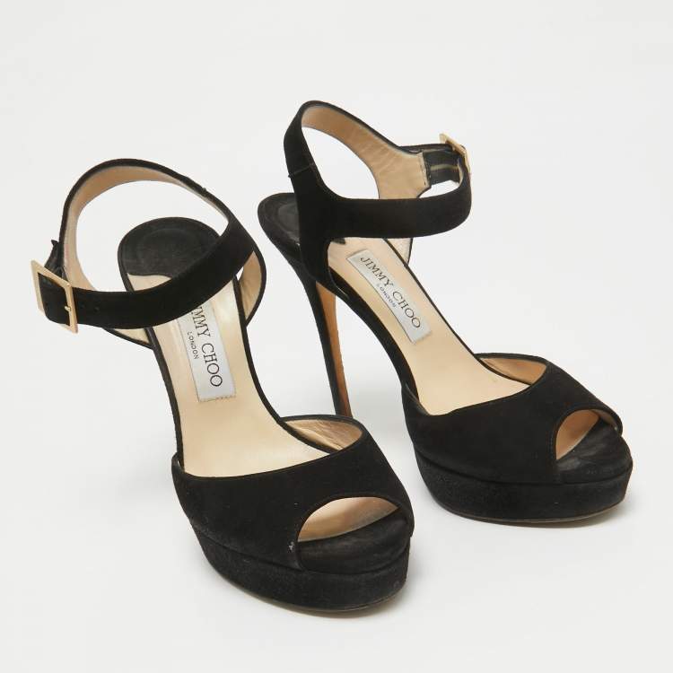Pre Owned Jimmy Choo Black Suede Platform Ankle Strap Sandals Size 39