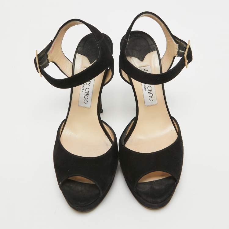 Pre Owned Jimmy Choo Black Suede Platform Ankle Strap Sandals Size 39