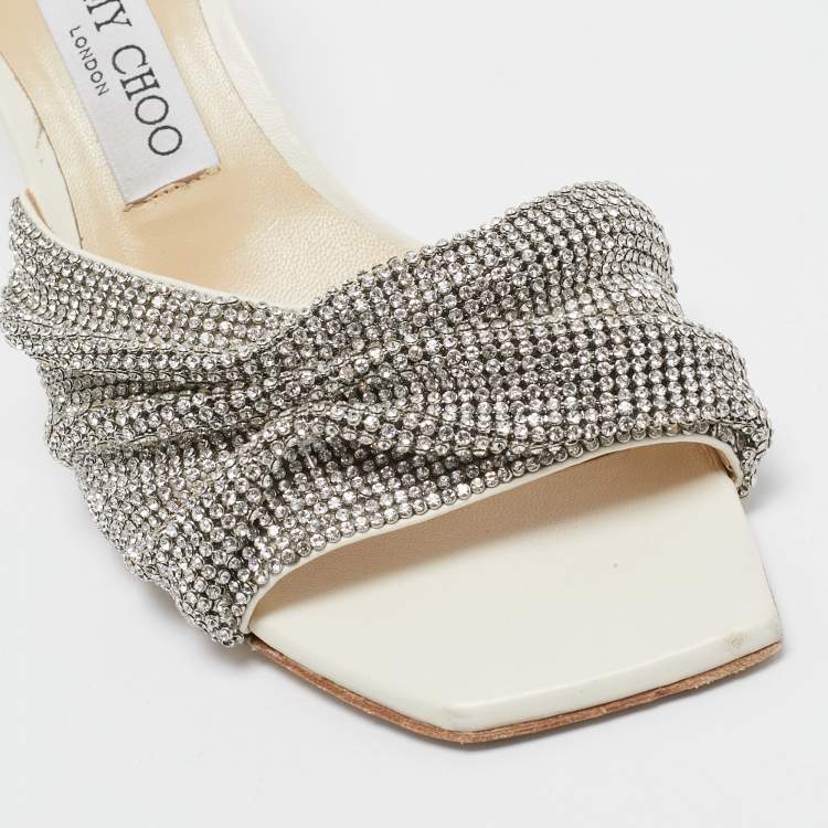 Pre Owned Jimmy Choo White Crystal Embellished Leather Naria Slide Sandals Size 38