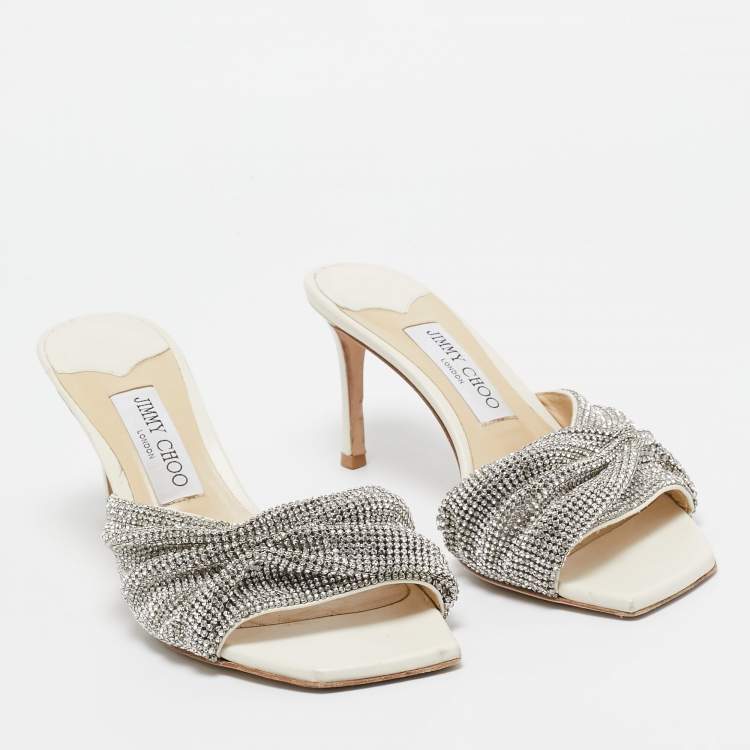 Pre Owned Jimmy Choo White Crystal Embellished Leather Naria Slide Sandals Size 38