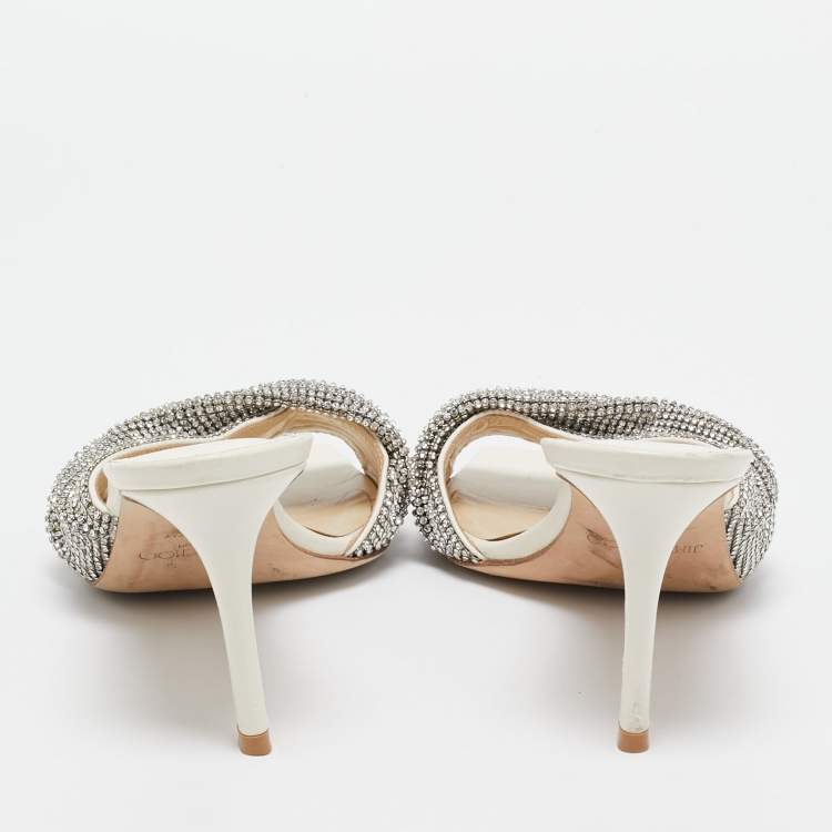 Pre Owned Jimmy Choo White Crystal Embellished Leather Naria Slide Sandals Size 38