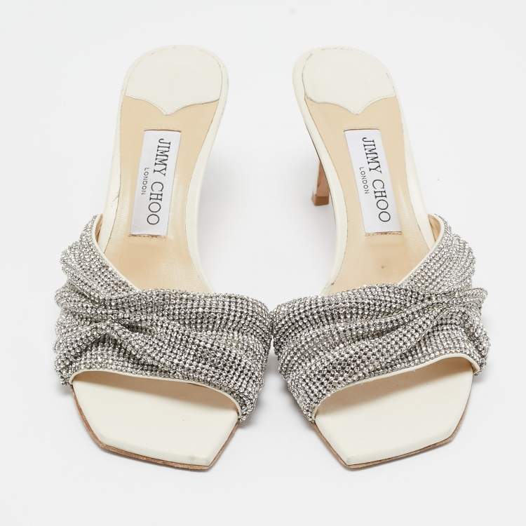 Pre Owned Jimmy Choo White Crystal Embellished Leather Naria Slide Sandals Size 38