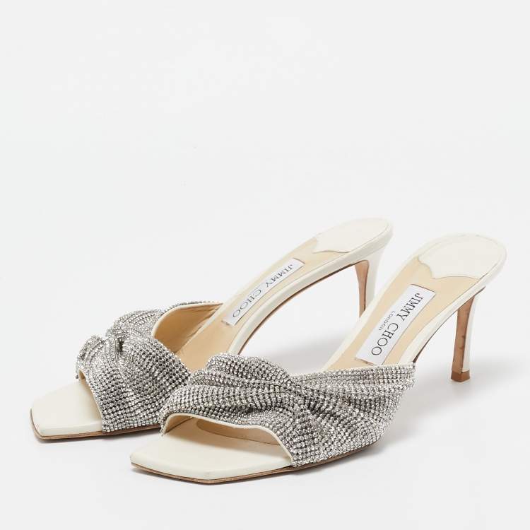 Pre Owned Jimmy Choo White Crystal Embellished Leather Naria Slide Sandals Size 38