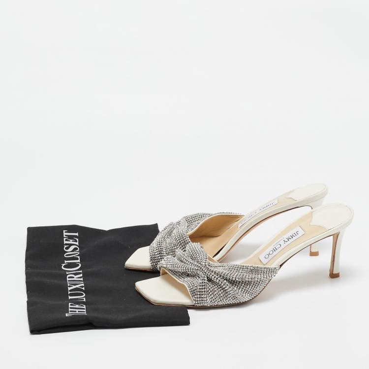 Pre Owned Jimmy Choo White Crystal Embellished Leather Naria Slide Sandals Size 38