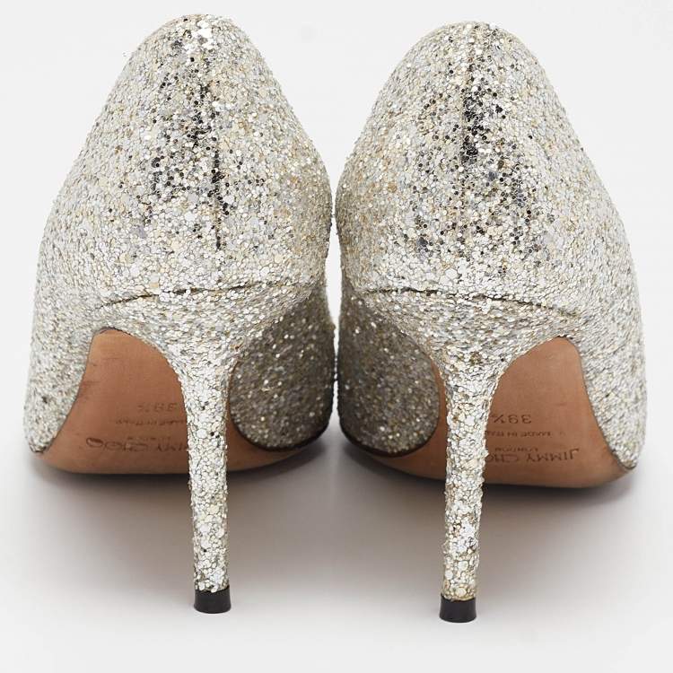 Pre Owned Jimmy Choo Silver Glitter Romy Pumps Size 39.5