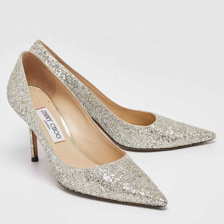 Pre Owned Jimmy Choo Silver Glitter Romy Pumps Size 39.5