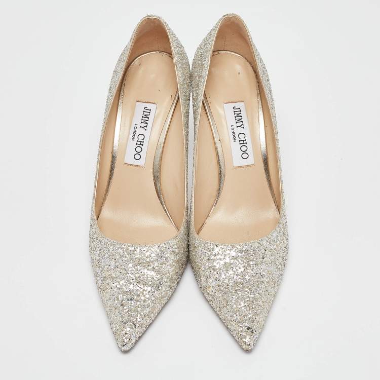 Pre Owned Jimmy Choo Silver Glitter Romy Pumps Size 39.5