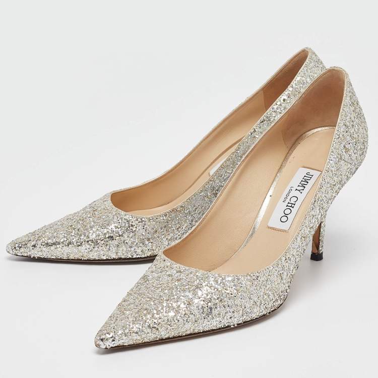 Pre Owned Jimmy Choo Silver Glitter Romy Pumps Size 39.5