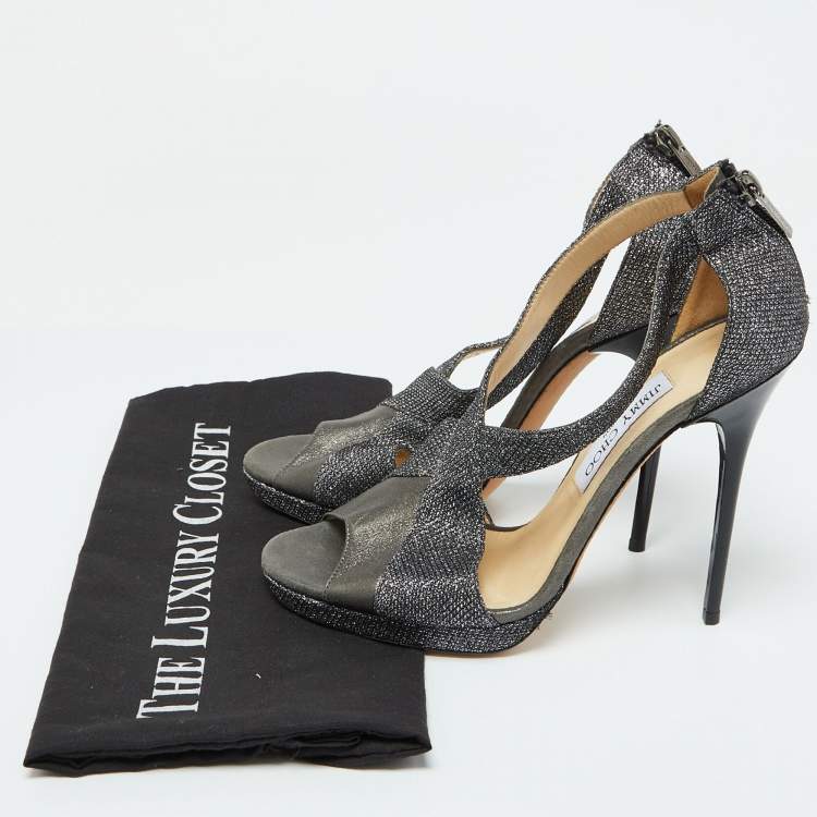 Pre Owned Jimmy Choo Grey Leather and Coarse Glitter Open Toe Sandals Size 39.5