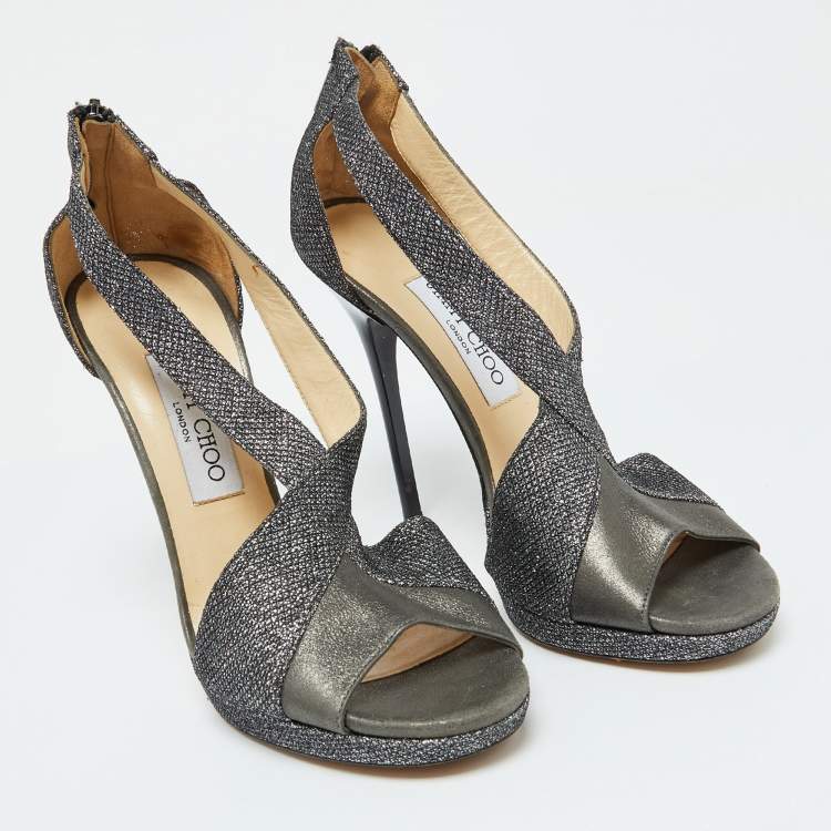 Pre Owned Jimmy Choo Grey Leather and Coarse Glitter Open Toe Sandals Size 39.5