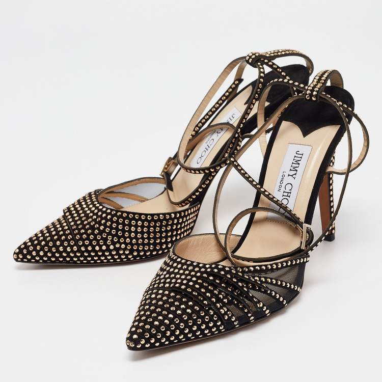 Pre Owned Jimmy Choo Black Mesh and Studded Suede Kizzy Pumps Size 38