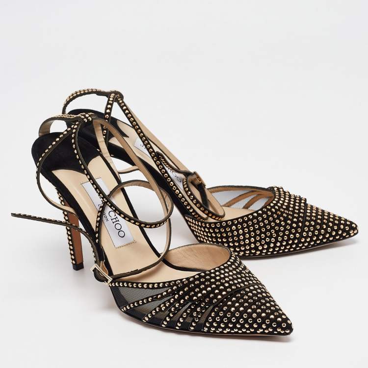 Pre Owned Jimmy Choo Black Mesh and Studded Suede Kizzy Pumps Size 38