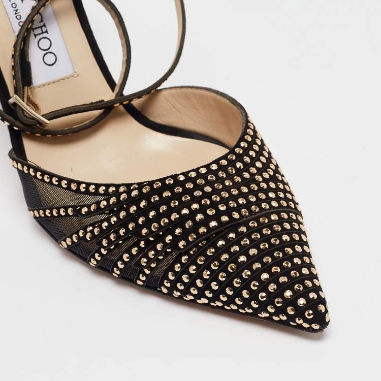 Pre Owned Jimmy Choo Black Mesh and Studded Suede Kizzy Pumps Size 38