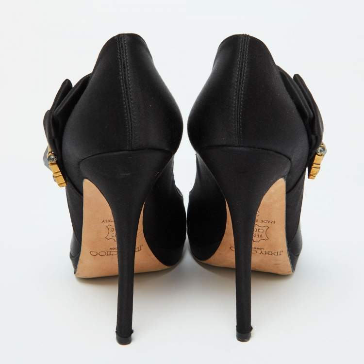 Pre Owned Jimmy Choo Black Satin Bow Pumps Size 38