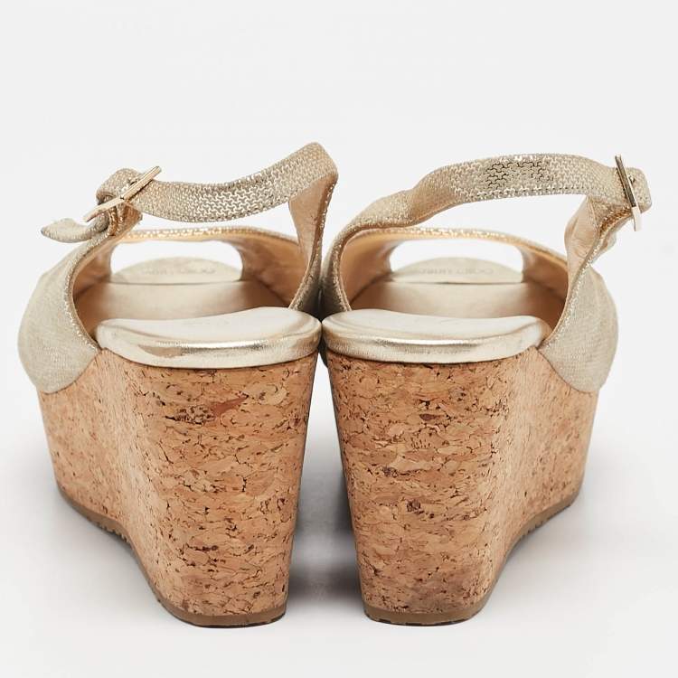 Pre Owned Jimmy Choo Gold Suede Prova Cork Wedge Sandals Size 39.5