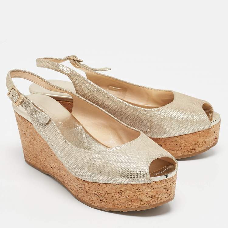 Pre Owned Jimmy Choo Gold Suede Prova Cork Wedge Sandals Size 39.5