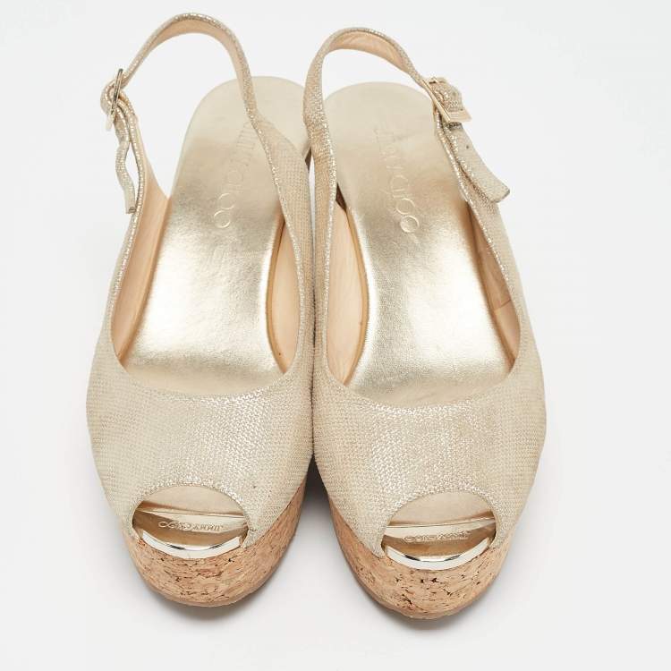 Pre Owned Jimmy Choo Gold Suede Prova Cork Wedge Sandals Size 39.5