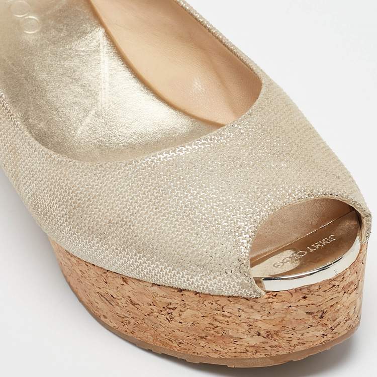 Pre Owned Jimmy Choo Gold Suede Prova Cork Wedge Sandals Size 39.5