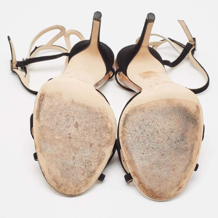 Pre Owned Jimmy Choo Black/Silver Suede and Iridescent Leather Ankle Strap Sandals Size 41