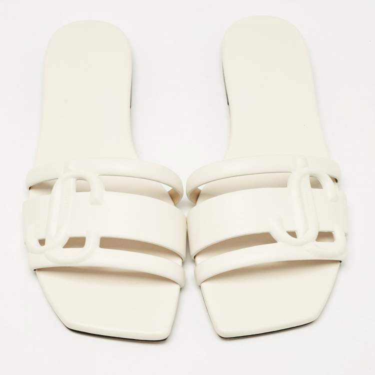 Pre Owned Jimmy Choo White Leather Laran Flat Slides Size 37