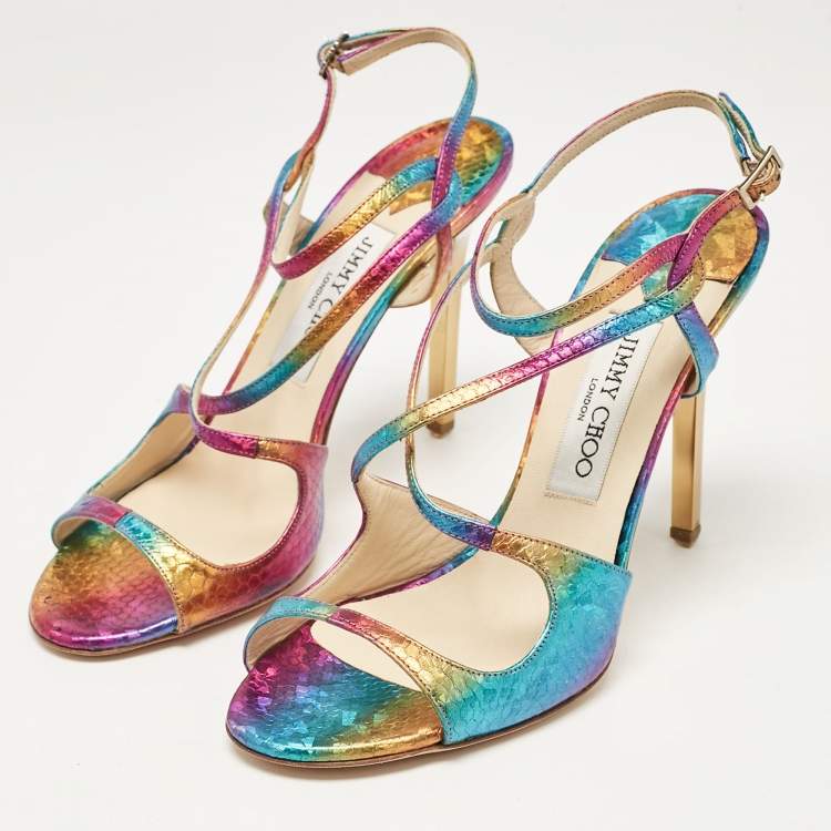 Pre Owned Jimmy Choo Multicolor Embossed Snakeskin Paxton Sandals Size 37.5