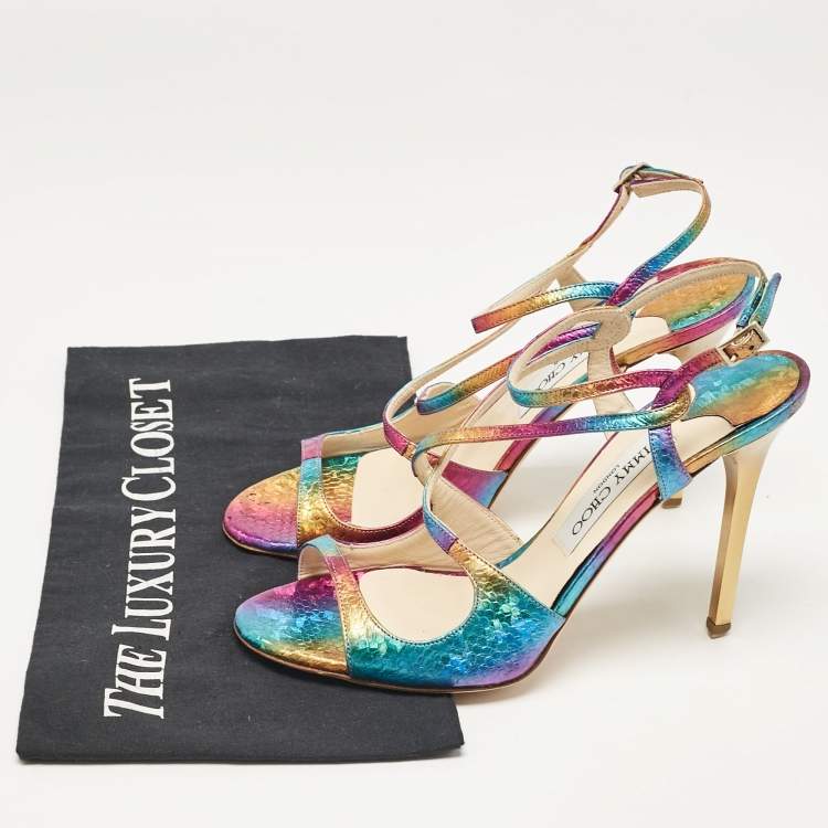 Pre Owned Jimmy Choo Multicolor Embossed Snakeskin Paxton Sandals Size 37.5