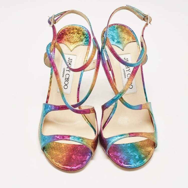 Pre Owned Jimmy Choo Multicolor Embossed Snakeskin Paxton Sandals Size 37.5
