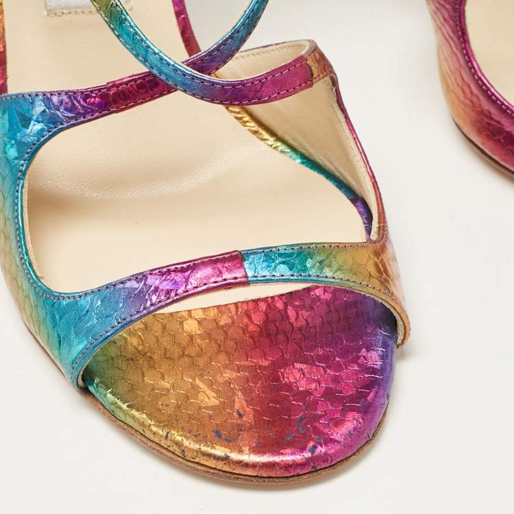 Pre Owned Jimmy Choo Multicolor Embossed Snakeskin Paxton Sandals Size 37.5
