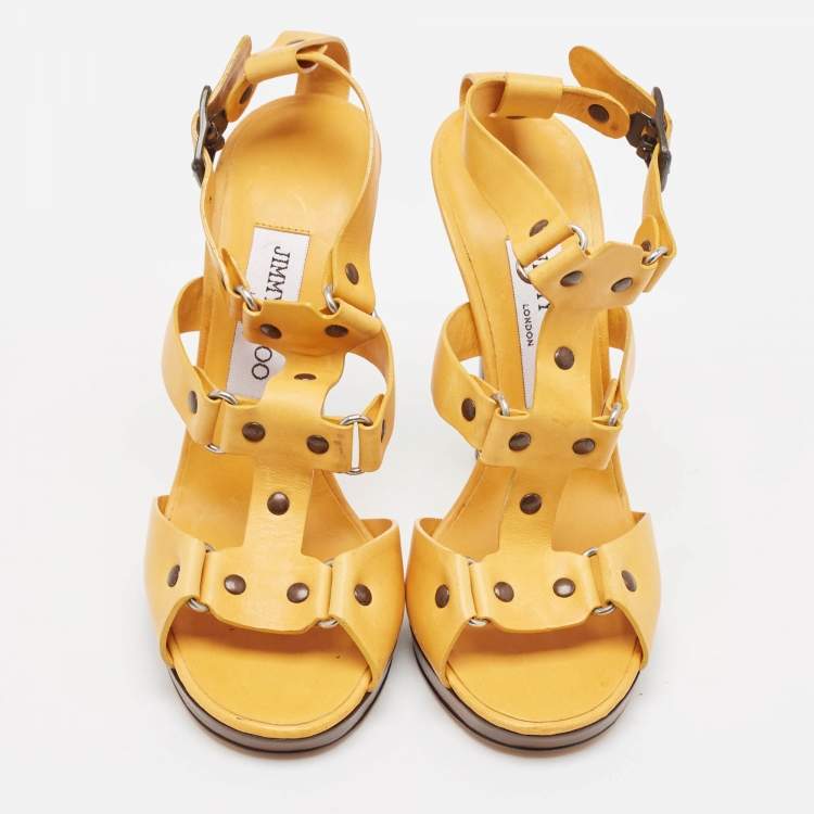 Pre Owned Jimmy Choo Yellow Leather Studded T-Bar Ankle Strap Sandals Size 37.5