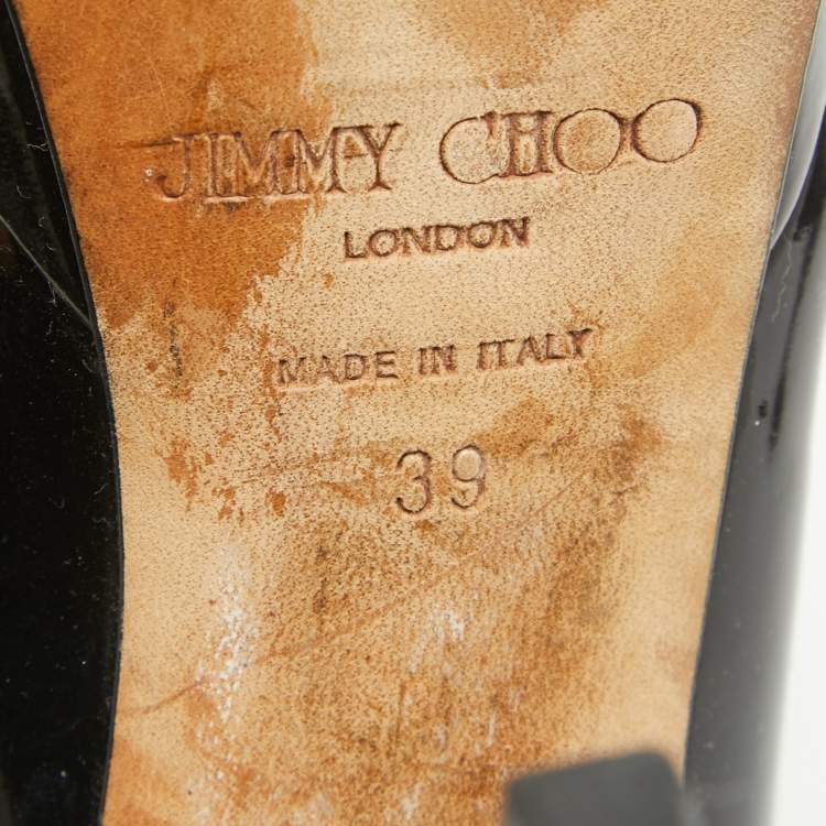 Pre Owned Jimmy Choo Black Patent Leather Crown Peep Toe Pumps Size 39