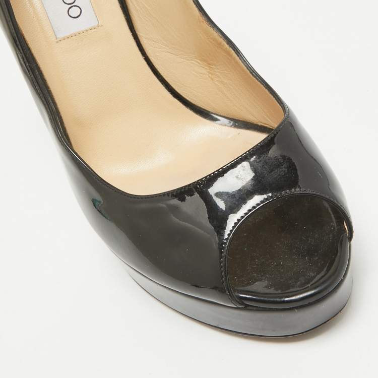 Pre Owned Jimmy Choo Black Patent Leather Crown Peep Toe Pumps Size 39