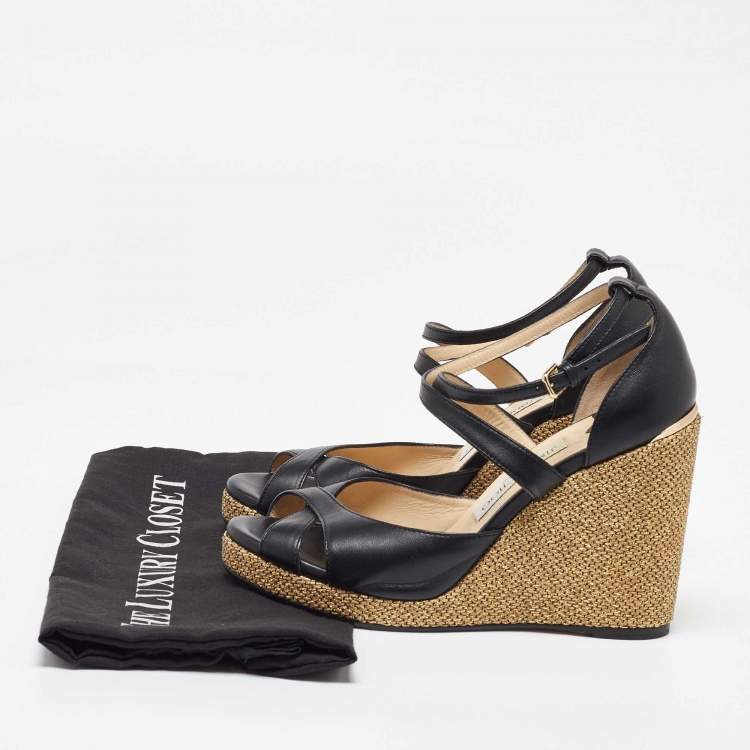 Pre Owned Jimmy Choo Black Leather Cross Strap Wedge Sandals Size 38