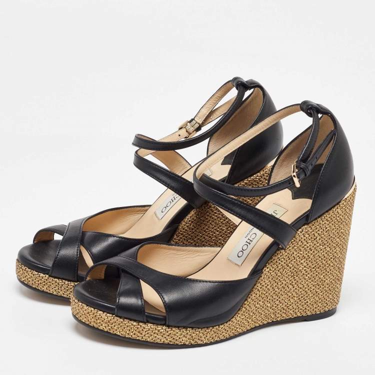 Pre Owned Jimmy Choo Black Leather Cross Strap Wedge Sandals Size 38