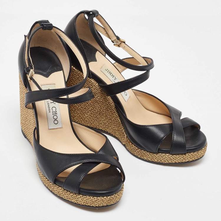 Pre Owned Jimmy Choo Black Leather Cross Strap Wedge Sandals Size 38