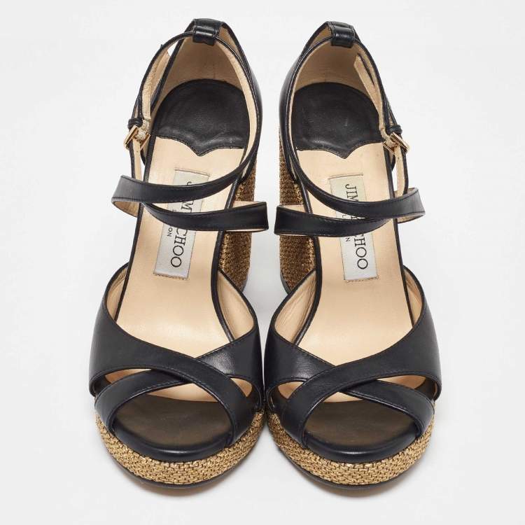 Pre Owned Jimmy Choo Black Leather Cross Strap Wedge Sandals Size 38