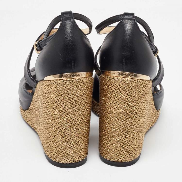 Pre Owned Jimmy Choo Black Leather Cross Strap Wedge Sandals Size 38