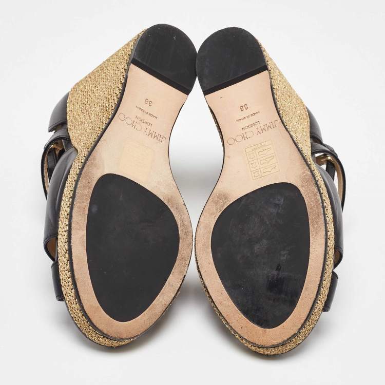 Pre Owned Jimmy Choo Black Leather Cross Strap Wedge Sandals Size 38