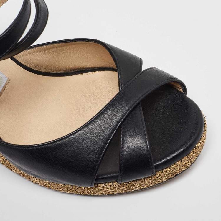 Pre Owned Jimmy Choo Black Leather Cross Strap Wedge Sandals Size 38