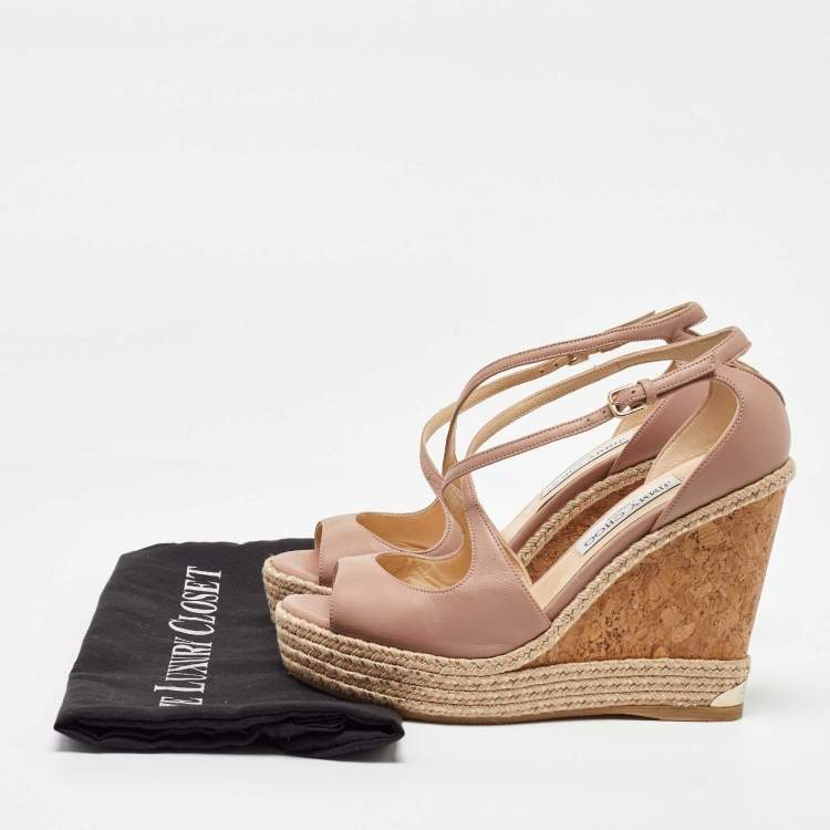 Pre Owned Jimmy Choo Beige Leather Cork Espadrille Wedge Sandals Size 38